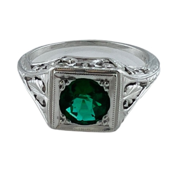 18K White Gold Green Garnet Filigree Ring #15993